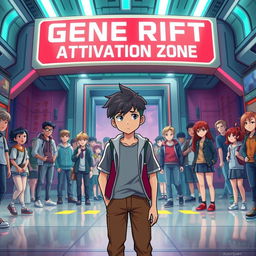In a futuristic, vibrant school setting, Lucas Silva, a typical teenager, stands nervously in front of a large, glowing sign that reads 'Gene Rift Activation Zone'