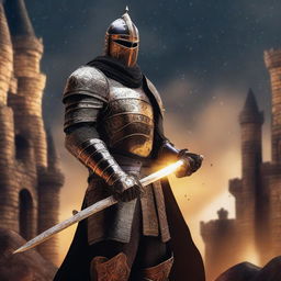 Create an image of a formidable medieval knight dressed in a stunning black and gold armor, brandishing a fiery sword, standing defiantly before an ancient stone citadel under a starlit sky