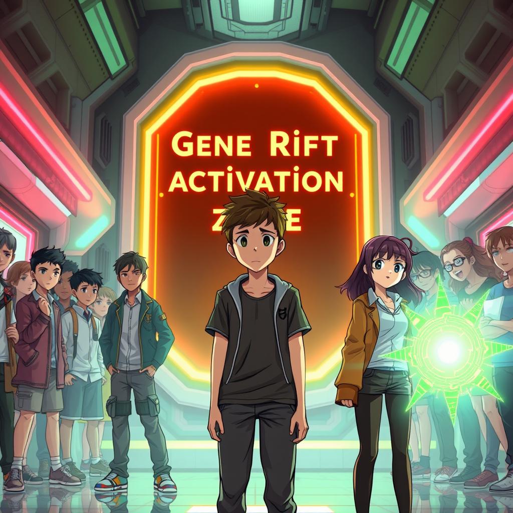 In a futuristic, vibrant school setting, Lucas Silva, a typical teenager, stands nervously in front of a large, glowing sign that reads 'Gene Rift Activation Zone'