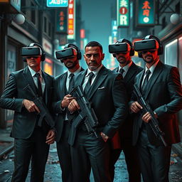 A captivating scene set in a dark, cyberpunk city street, featuring four Caucasian Mafia members in their 30s, all dressed in sharp, stylish suits