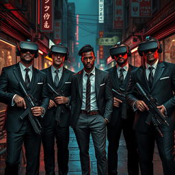 A captivating scene set in a dark, cyberpunk city street, featuring four Caucasian Mafia members in their 30s, all dressed in sharp, stylish suits