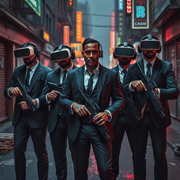 A captivating scene set in a dark, cyberpunk city street, featuring four Caucasian Mafia members in their 30s, all dressed in sharp, stylish suits