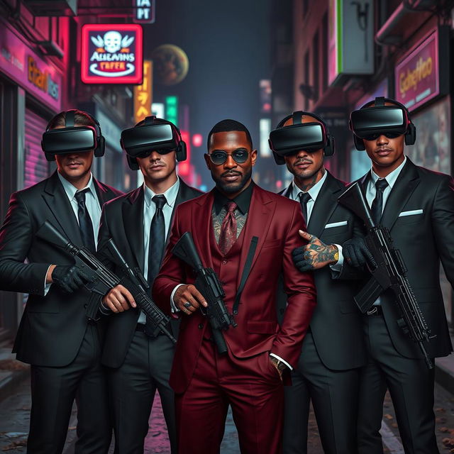 A captivating scene set in a dark, cyberpunk city street, featuring four Caucasian Mafia members in their 30s, all dressed in sharp, stylish suits