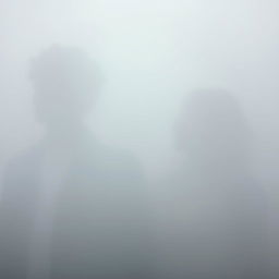 The silhouettes of a 19-year-old African American male with messy curly afro-like hair and his 18-year-old Caucasian female sister are seen emerging within a thick layer of fog