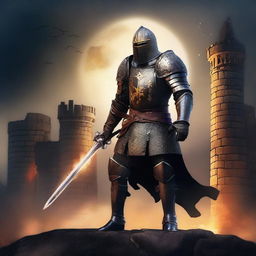 Create an image of a formidable medieval knight dressed in a stunning black and gold armor, brandishing a fiery sword, standing defiantly before an ancient stone citadel under a starlit sky