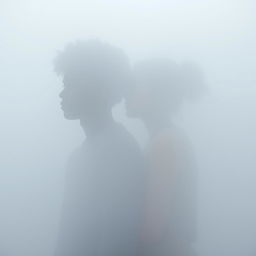 The silhouettes of a 19-year-old African American male with messy curly afro-like hair and his 18-year-old Caucasian female sister are seen emerging within a thick layer of fog