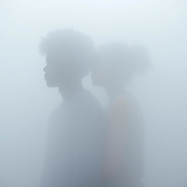 The silhouettes of a 19-year-old African American male with messy curly afro-like hair and his 18-year-old Caucasian female sister are seen emerging within a thick layer of fog