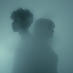 The silhouettes of a 19-year-old African American male with messy curly afro-like hair and his 18-year-old Caucasian female sister are seen emerging within a thick layer of fog