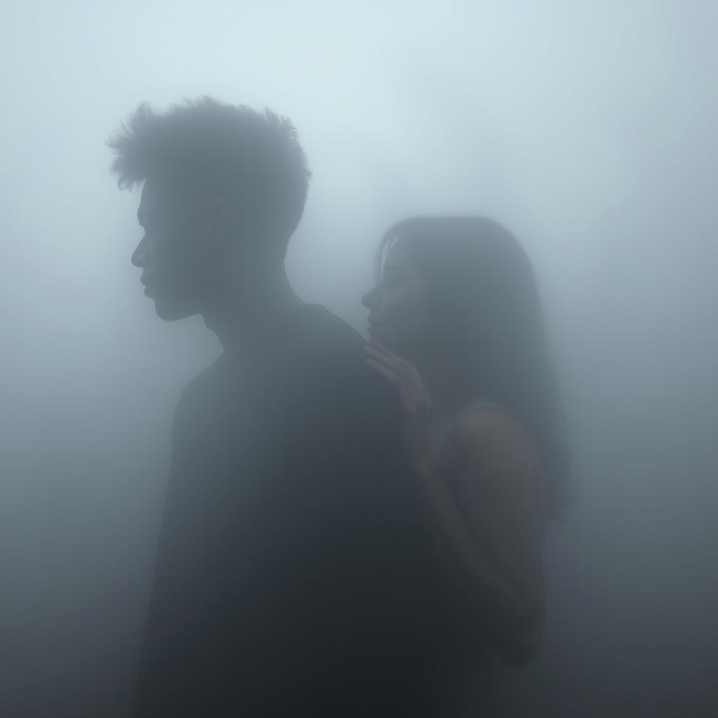 The silhouettes of a 19-year-old African American male with messy curly afro-like hair and his 18-year-old Caucasian female sister are seen emerging within a thick layer of fog