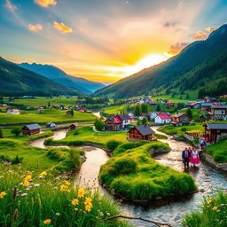 A beautiful landscape of Romania featuring the Carpathian Mountains in the background, lush green valleys, and traditional Romanian villages with colorful houses