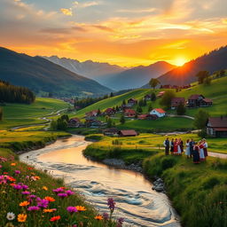 A beautiful landscape of Romania featuring the Carpathian Mountains in the background, lush green valleys, and traditional Romanian villages with colorful houses