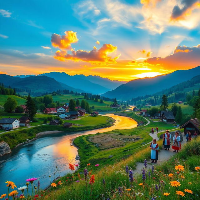 A beautiful landscape of Romania featuring the Carpathian Mountains in the background, lush green valleys, and traditional Romanian villages with colorful houses