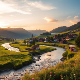 A beautiful landscape of Romania featuring the Carpathian Mountains in the background, lush green valleys, and traditional Romanian villages with colorful houses