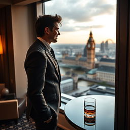 A captivating scene of a hot billionaire standing alone in a lavishly decorated penthouse in London