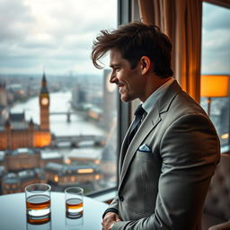 A captivating scene of a hot billionaire standing alone in a lavishly decorated penthouse in London