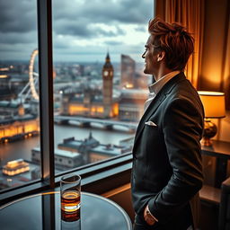 A captivating scene of a hot billionaire standing alone in a lavishly decorated penthouse in London