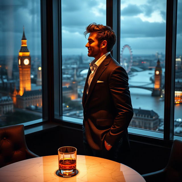 A captivating scene of a hot billionaire standing alone in a lavishly decorated penthouse in London