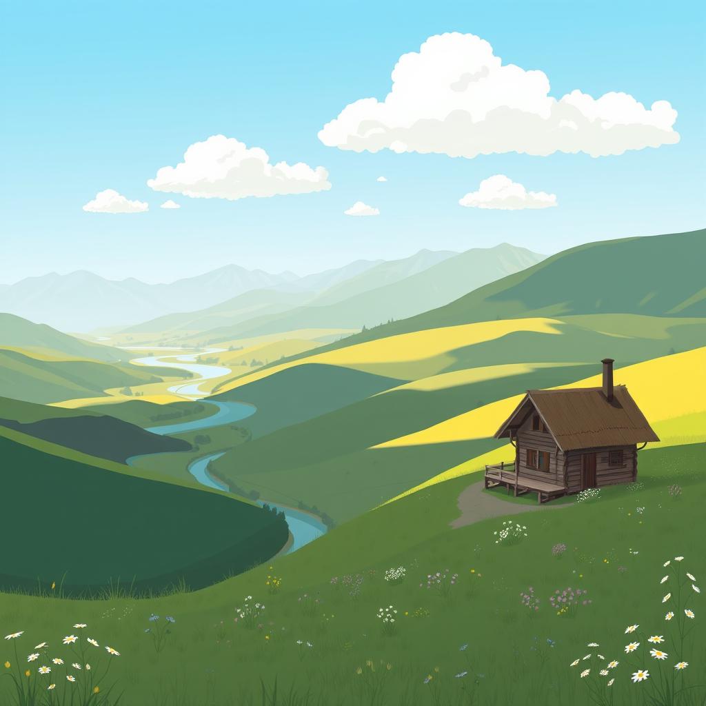 A minimalistic illustration showcasing the stunning Romanian landscape, featuring rolling hills, a serene river winding through green valleys, and a distant view of the Carpathian Mountains bathed in soft sunlight