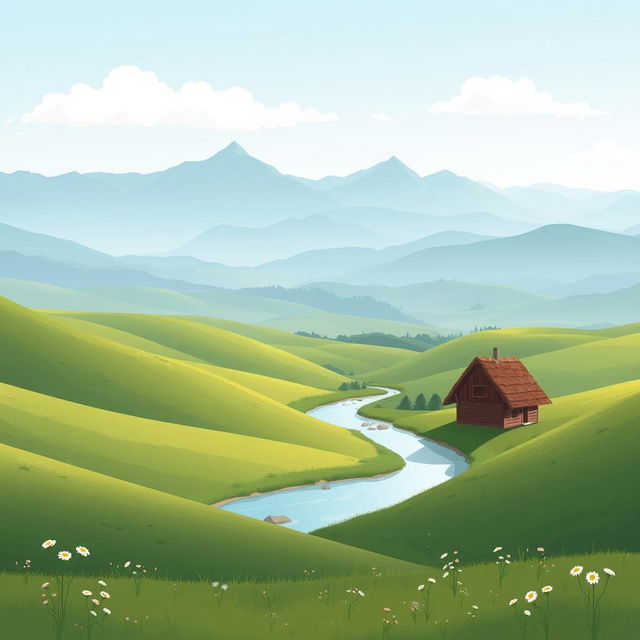 A minimalistic illustration showcasing the stunning Romanian landscape, featuring rolling hills, a serene river winding through green valleys, and a distant view of the Carpathian Mountains bathed in soft sunlight