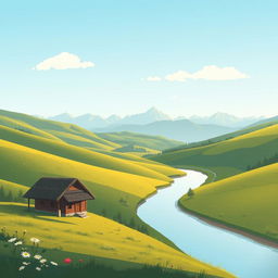 A minimalistic illustration showcasing the stunning Romanian landscape, featuring rolling hills, a serene river winding through green valleys, and a distant view of the Carpathian Mountains bathed in soft sunlight