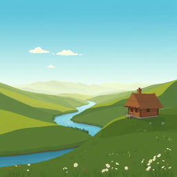 A minimalistic illustration showcasing the stunning Romanian landscape, featuring rolling hills, a serene river winding through green valleys, and a distant view of the Carpathian Mountains bathed in soft sunlight