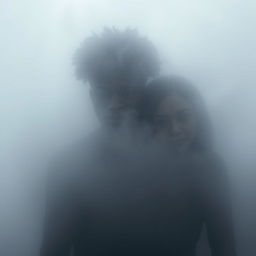 The silhouettes of a 19-year-old African American male with messy curly afro-like hair and his 18-year-old Caucasian female sister are captured within a dense, enveloping fog