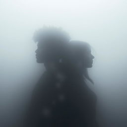 The silhouettes of a 19-year-old African American male with messy curly afro-like hair and his 18-year-old Caucasian female sister are captured within a dense, enveloping fog
