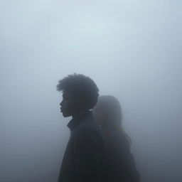 The silhouettes of a 19-year-old African American male with messy curly afro-like hair and his 18-year-old Caucasian female sister are captured within a dense, enveloping fog