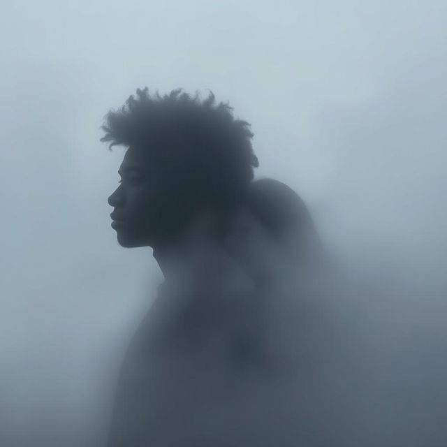 The silhouettes of a 19-year-old African American male with messy curly afro-like hair and his 18-year-old Caucasian female sister are captured within a dense, enveloping fog