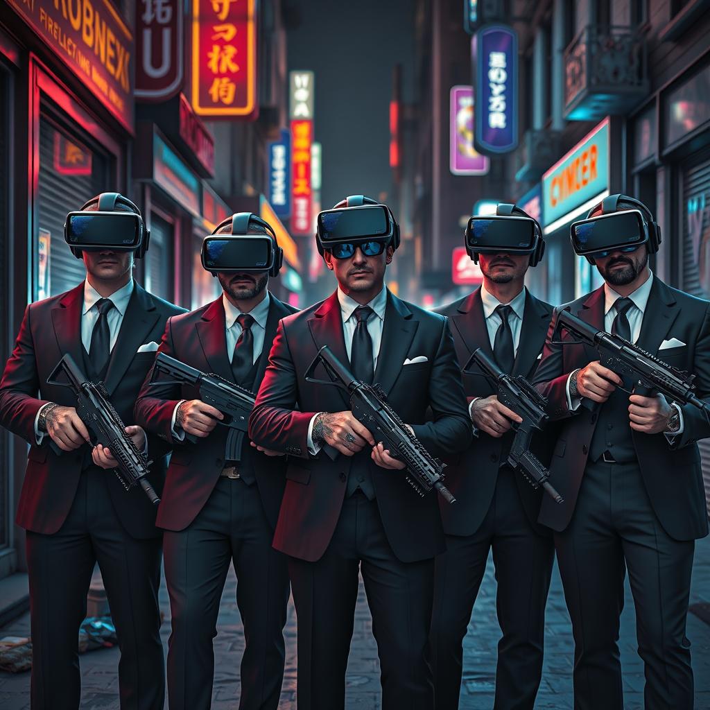 An engaging scene set in a dark, cyberpunk city street, showcasing four Caucasian Mafia members in their 30s, each dressed in elegant suits