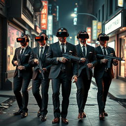 An engaging scene set in a dark, cyberpunk city street, showcasing four Caucasian Mafia members in their 30s, each dressed in elegant suits