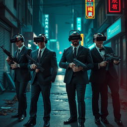 An engaging scene set in a dark, cyberpunk city street, showcasing four Caucasian Mafia members in their 30s, each dressed in elegant suits