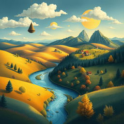 A conceptual illustration of a Romanian landscape, creatively blending traditional elements with surreal features