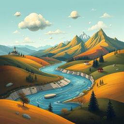 A conceptual illustration of a Romanian landscape, creatively blending traditional elements with surreal features