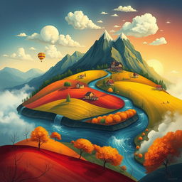 A conceptual illustration of a Romanian landscape, creatively blending traditional elements with surreal features