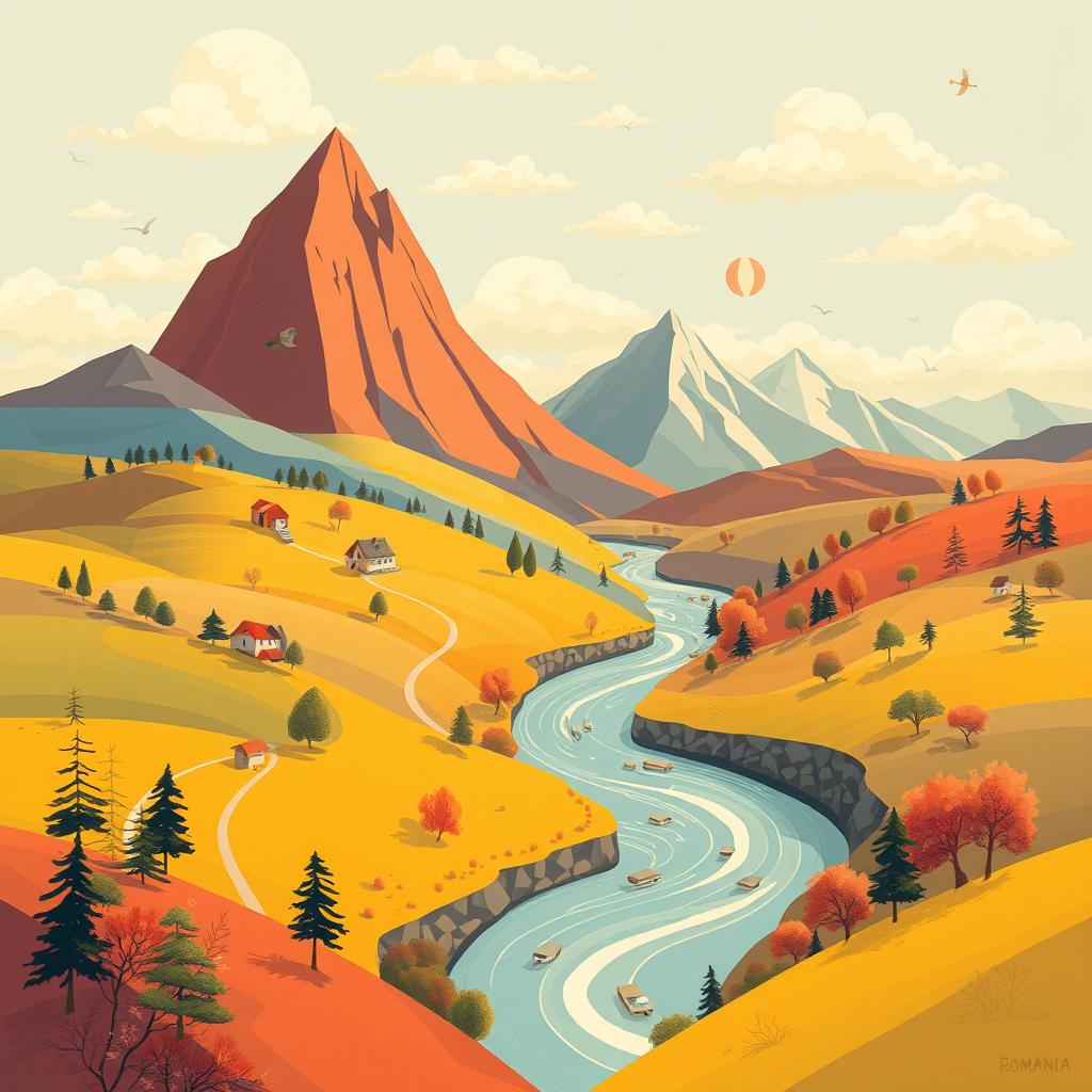 A conceptual illustration of a Romanian landscape, creatively blending traditional elements with surreal features