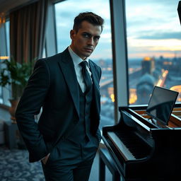 An intense romance scene featuring a hot billionaire with a stone-cold demeanor, standing alone in a luxurious penthouse in London