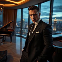 An intense romance scene featuring a hot billionaire with a stone-cold demeanor, standing alone in a luxurious penthouse in London