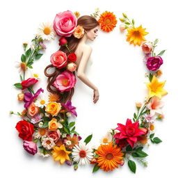 A beautiful feminine figure surrounded by a lush arrangement of vibrant flowers in various colors, creating a stunning visual contrast with the empty white spaces around her