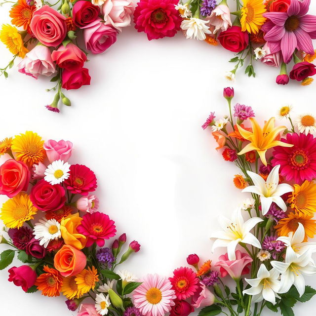 A beautiful feminine figure surrounded by a lush arrangement of vibrant flowers in various colors, creating a stunning visual contrast with the empty white spaces around her