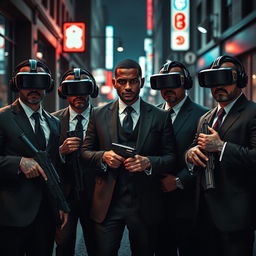 An intense scene featuring four Caucasian Mafia members in their 30s, each dressed in sleek, sophisticated suits, set against a dark city street