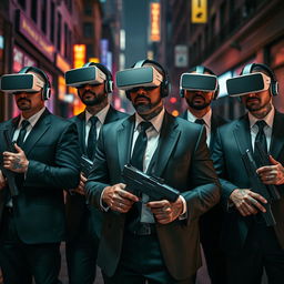 An intense scene featuring four Caucasian Mafia members in their 30s, each dressed in sleek, sophisticated suits, set against a dark city street