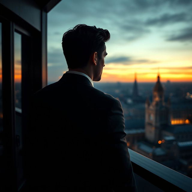 A moody and romantic scene featuring a hot billionaire with a stone-cold heart, seen from the back