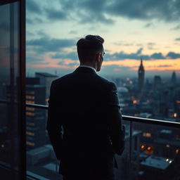 A moody and romantic scene featuring a hot billionaire with a stone-cold heart, seen from the back
