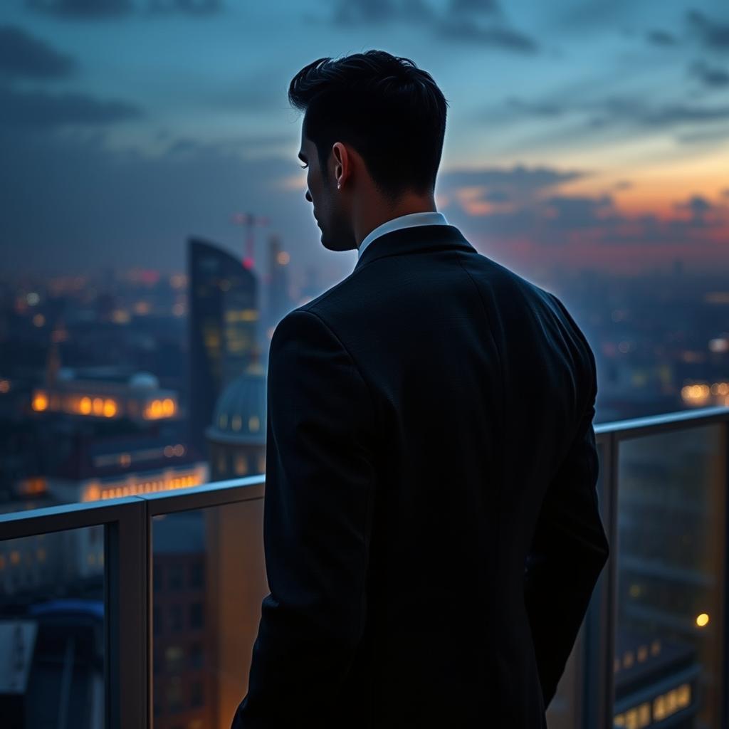 A moody and romantic scene featuring a hot billionaire with a stone-cold heart, seen from the back