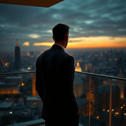 A moody and romantic scene featuring a hot billionaire with a stone-cold heart, seen from the back