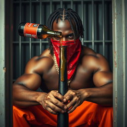 A close-up of a muscular African American gang member, displaying an angry expression, wearing baggy orange pants and a red bandana mask covering his mouth and nose