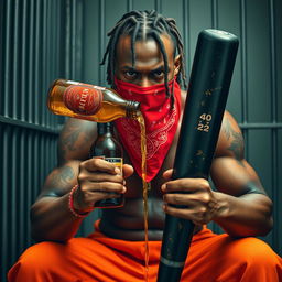 A close-up of a muscular African American gang member, displaying an angry expression, wearing baggy orange pants and a red bandana mask covering his mouth and nose