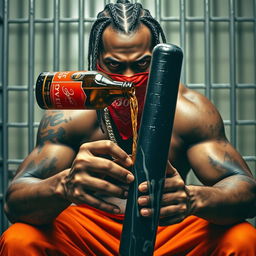 A close-up of a muscular African American gang member, displaying an angry expression, wearing baggy orange pants and a red bandana mask covering his mouth and nose