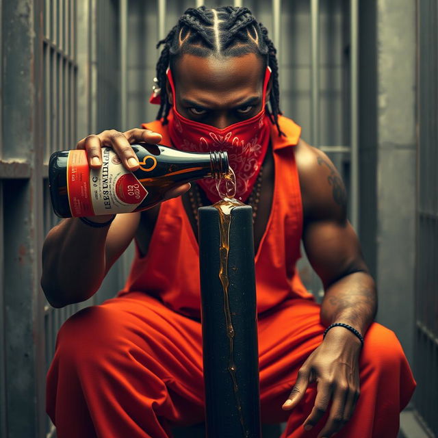 A close-up of a muscular African American gang member, displaying an angry expression, wearing baggy orange pants and a red bandana mask covering his mouth and nose